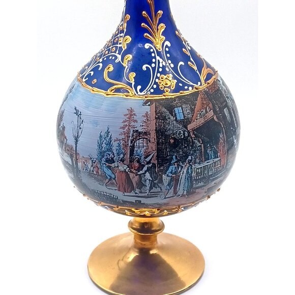 Murano Cobalt Blue Gold Pedestal Italian Victorian Scenes Decanter Wine Glasses - Picture 11 of 15